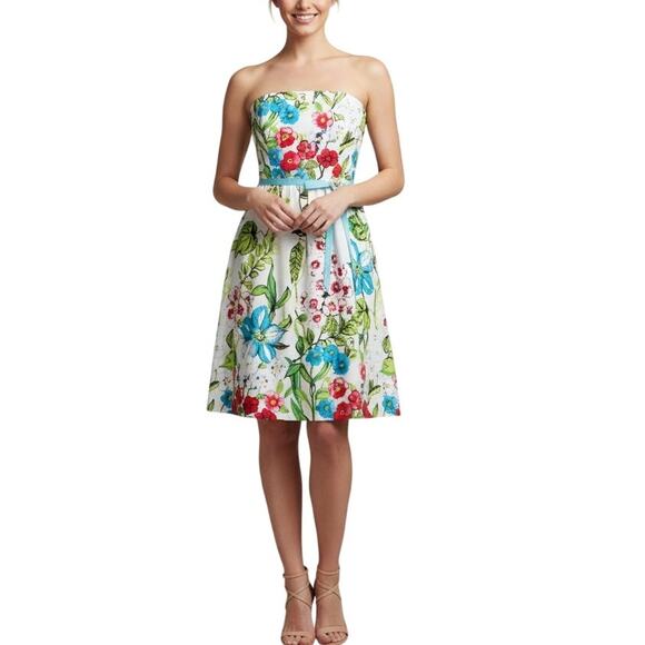 David Meister Strapless Fit & Flare Dress Spring Floral Print Cotton Pique - Picture 1 of 11